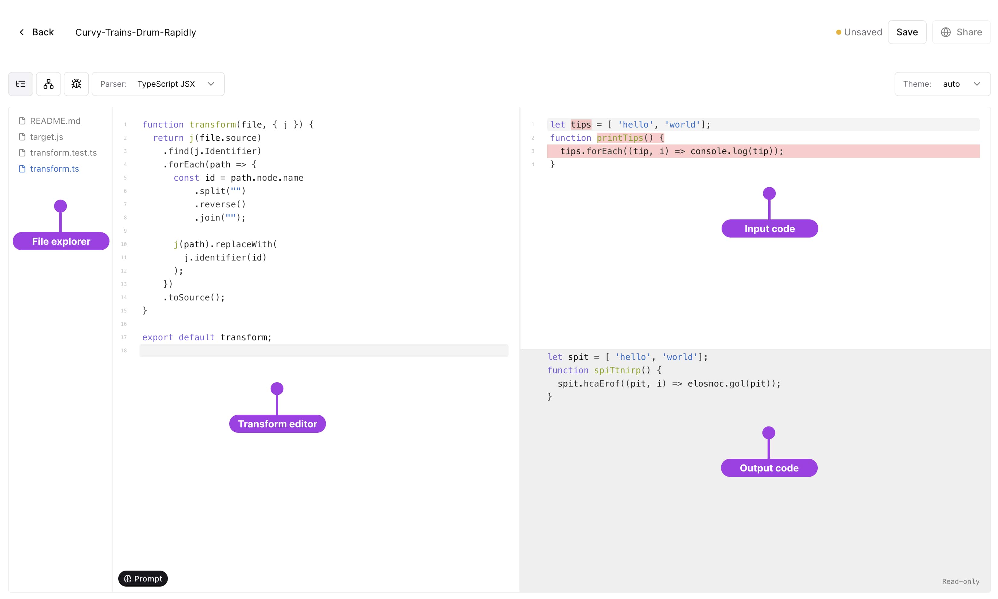 Editor anatomy, showing the Codemod Panel, Target File Panel, Output Panel, File Tree, and AST Explorer.