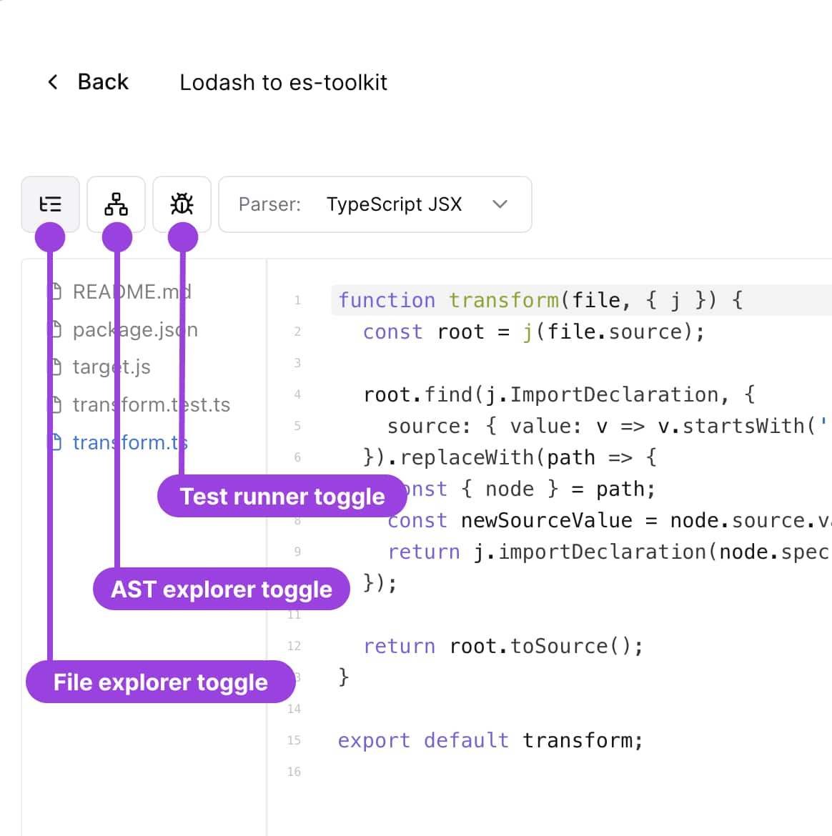 Toolbar anatomy showing the file tree toggle, ast toggle and test toggle