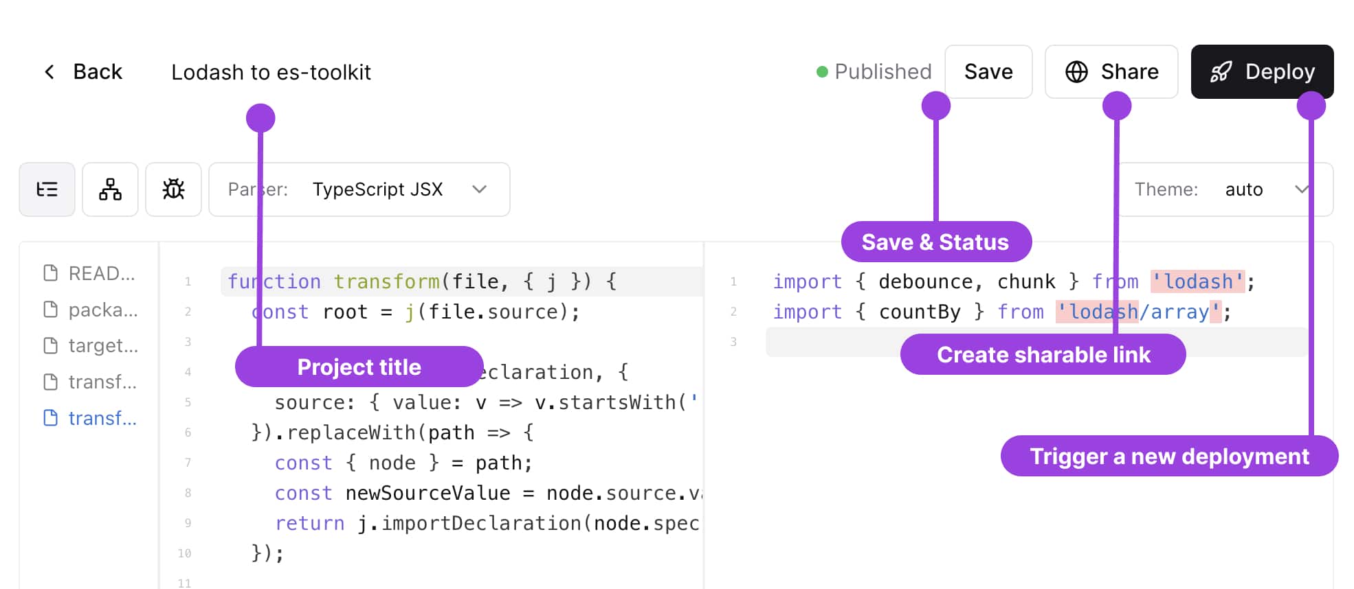 Top panel anatomy showing the project name, save button, share dropdown, and deployment button.